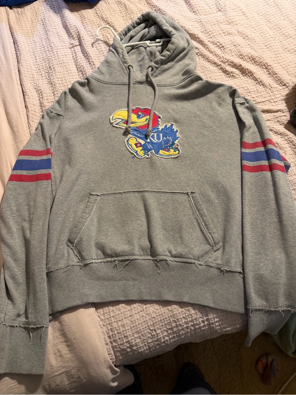 Colosseum Gray KU Jayhawks Crewneck Hoodie with Red & Blue Sleeve Stripes